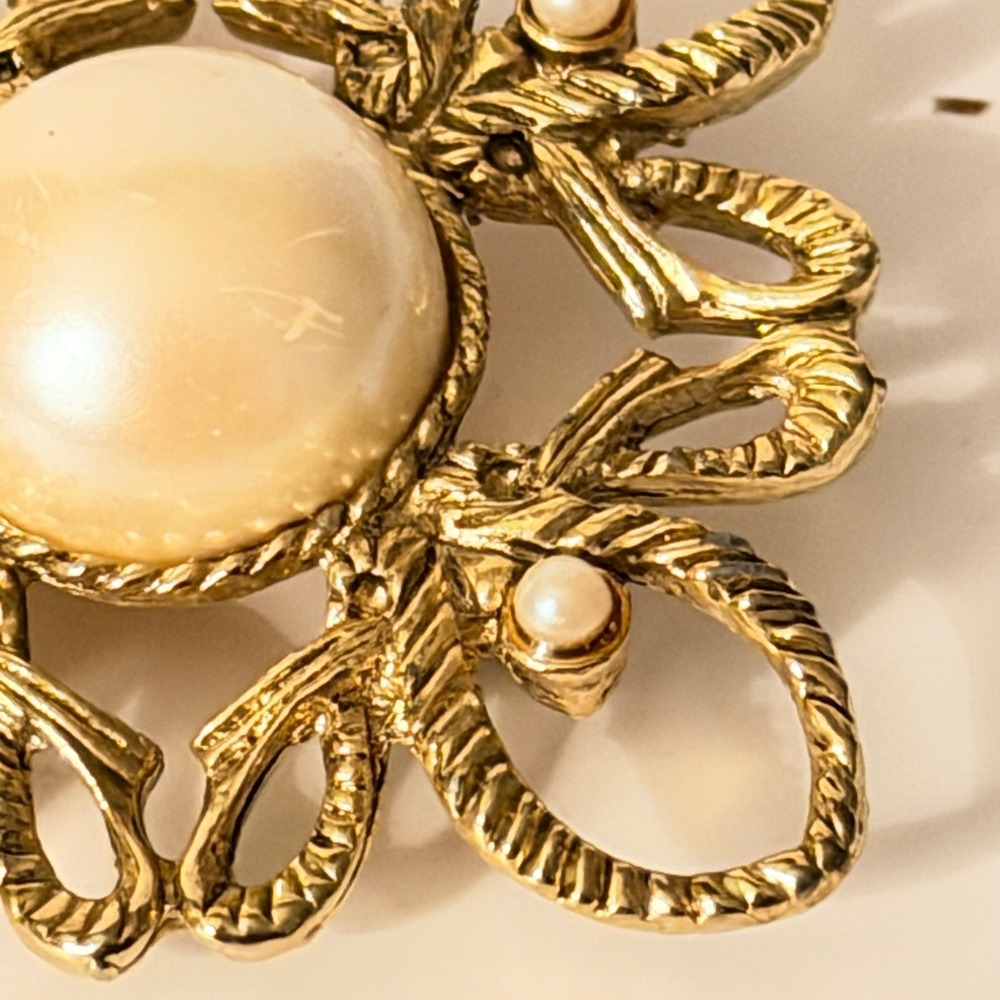 Rope‎ Knot Brooch Gold Tone Faux Pearl Pin Square Sunburst Victorian Vintage - Picture 2 of 4